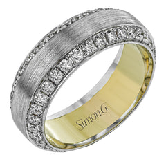 This sublimely beautiful wedding band in two-tone gold features a brushed white gold exterior and 1.87 ctw of round white diamonds along with a yellow gold interior accent.