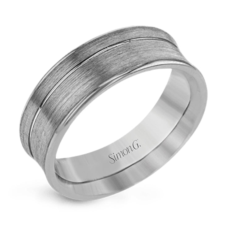 This minimalist white gold wedding band features a brushed outside texture for understated elegance