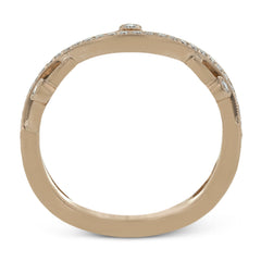 This 18k rose gold band has a design of in intertwined lines of pave set and bezel set diamonds that create a distinctive look.