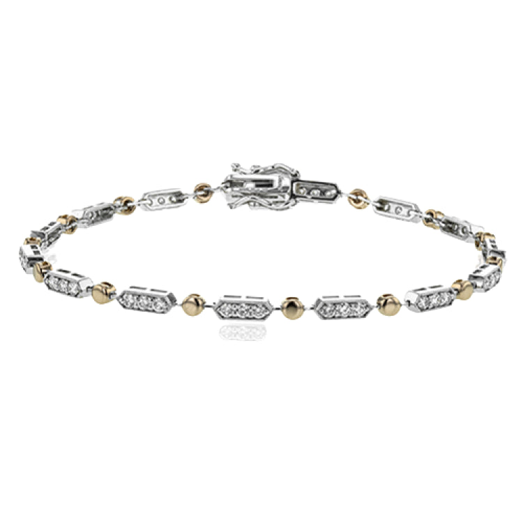 The delicate, geometric design of this bracelet alternates 1.00 ctw of white diamonds set in white gold with subtle rose gold accents