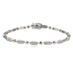 The delicate, geometric design of this bracelet alternates 1.00 ctw of white diamonds set in white gold with subtle rose gold accents