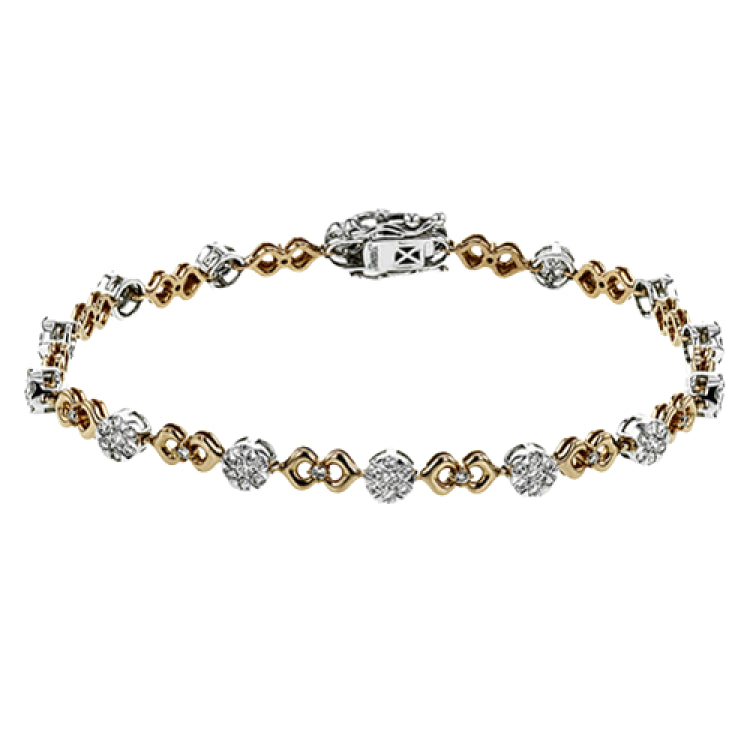 This unique bracelet shows off a total 1.15 ctw of round white diamonds in white gold settings accented by charming rose gold details