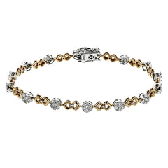 This unique bracelet shows off a total 1.15 ctw of round white diamonds in white gold settings accented by charming rose gold details