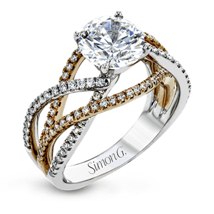 Delicate, overlapping tendrils of white and rose gold sparkle with .52 ctw of round white diamonds for a contemporary, nature-inspired design.