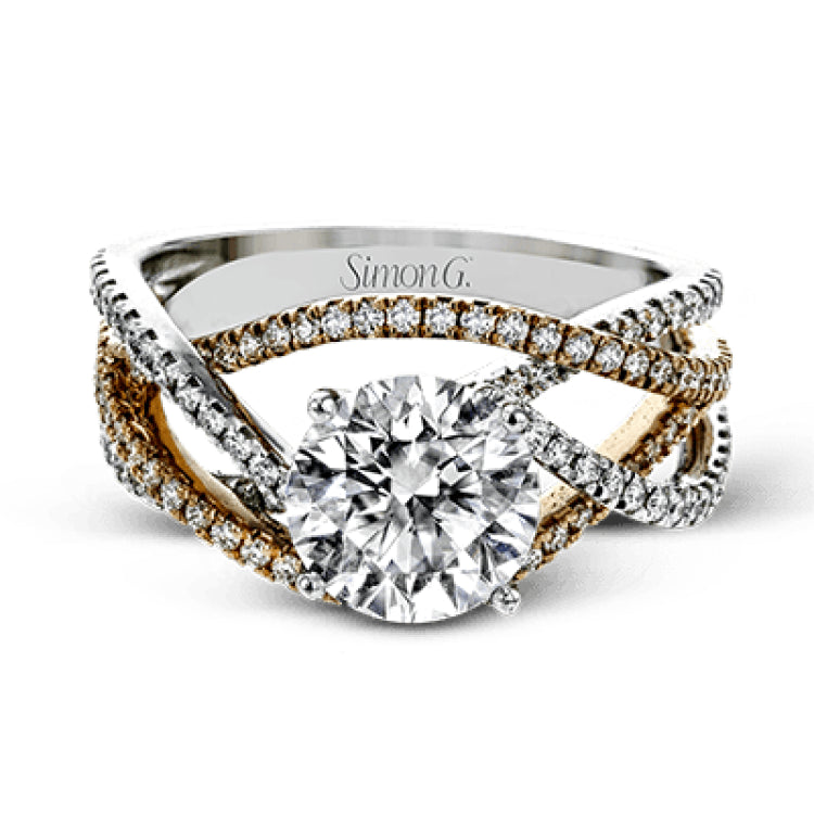 Delicate, overlapping tendrils of white and rose gold sparkle with .52 ctw of round white diamonds for a contemporary, nature-inspired design.