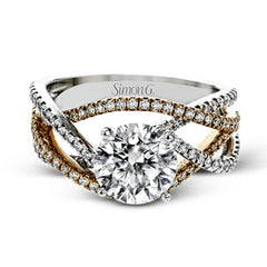 Delicate, overlapping tendrils of white and rose gold sparkle with .52 ctw of round white diamonds for a contemporary, nature-inspired design.
