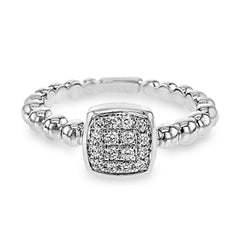 This eye-catching, modern engagement ring features a beadlike effect in white gold, crowned with .15 ctw of round white diamonds clustered in a square center setting.
