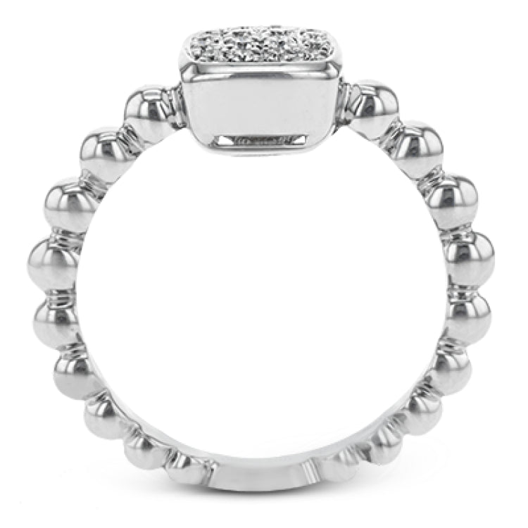 This eye-catching, modern engagement ring features a beadlike effect in white gold, crowned with .15 ctw of round white diamonds clustered in a square center setting.