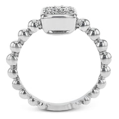 This eye-catching, modern engagement ring features a beadlike effect in white gold, crowned with .15 ctw of round white diamonds clustered in a square center setting.