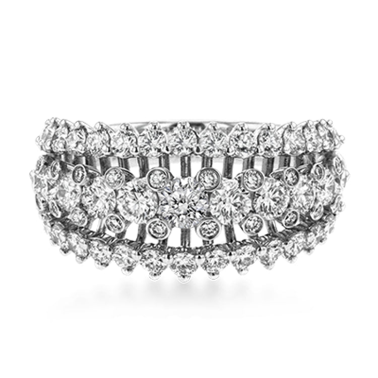 This unique white gold ring features a total of 1.74 ctw of white diamonds in an intricately designed setting.