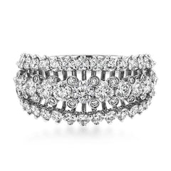 This unique white gold ring features a total of 1.74 ctw of white diamonds in an intricately designed setting.