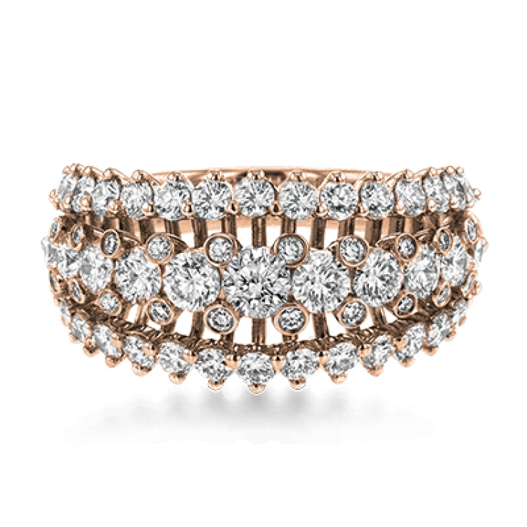 This unique white gold ring features a total of 1.74 ctw of white diamonds in an intricately designed setting.