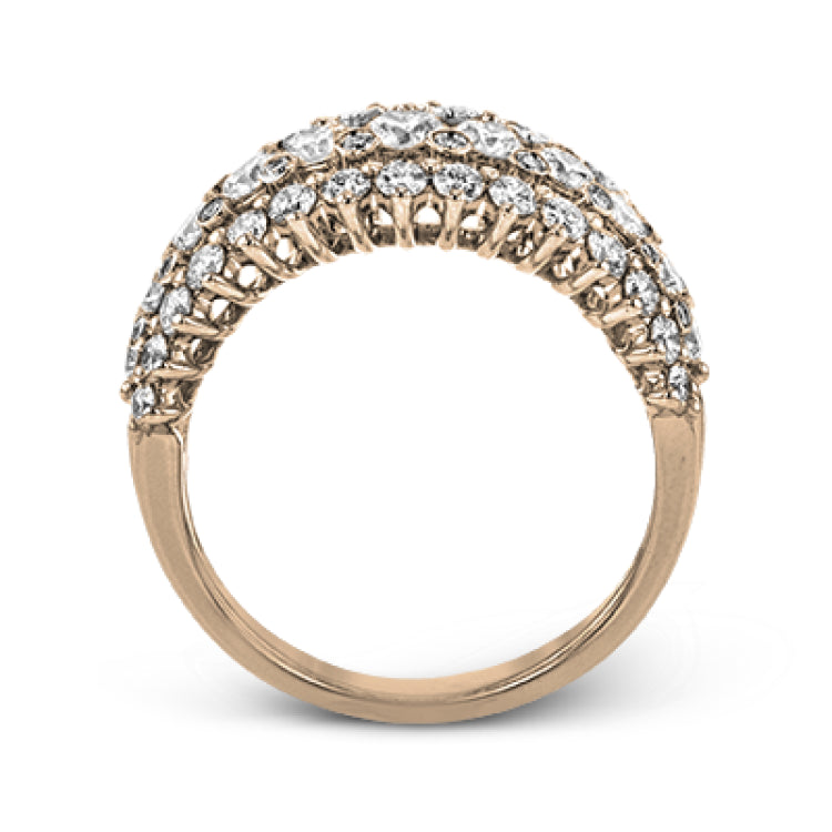 This unique white gold ring features a total of 1.74 ctw of white diamonds in an intricately designed setting.