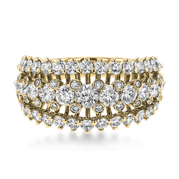 This unique white gold ring features a total of 1.74 ctw of white diamonds in an intricately designed setting.