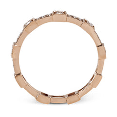 This rose gold band form a modern style band set with .33 ctw of striking round cut white diamond accents. Perfect for stacking.