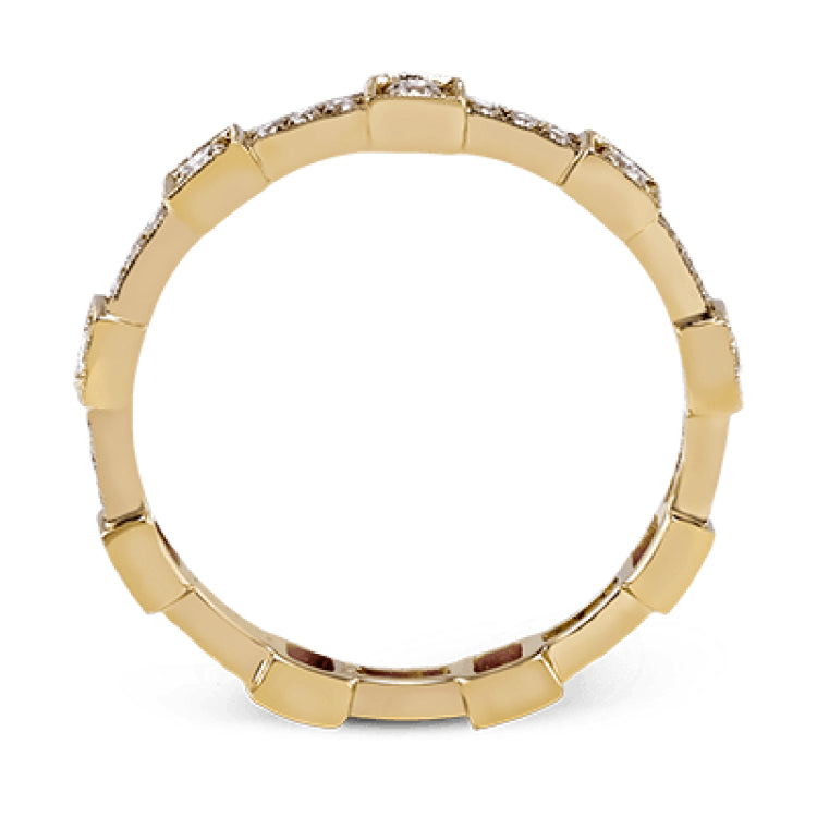 This yellow gold band form a modern style band set with .33 ctw of striking round cut white diamond accents. Perfect for stacking.