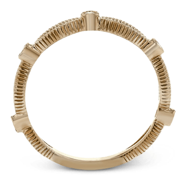These detailed bands in 18k gold can be worn together or paired with other rings. Each one features .11 ctw of shining white diamonds. Perfect for stacking.