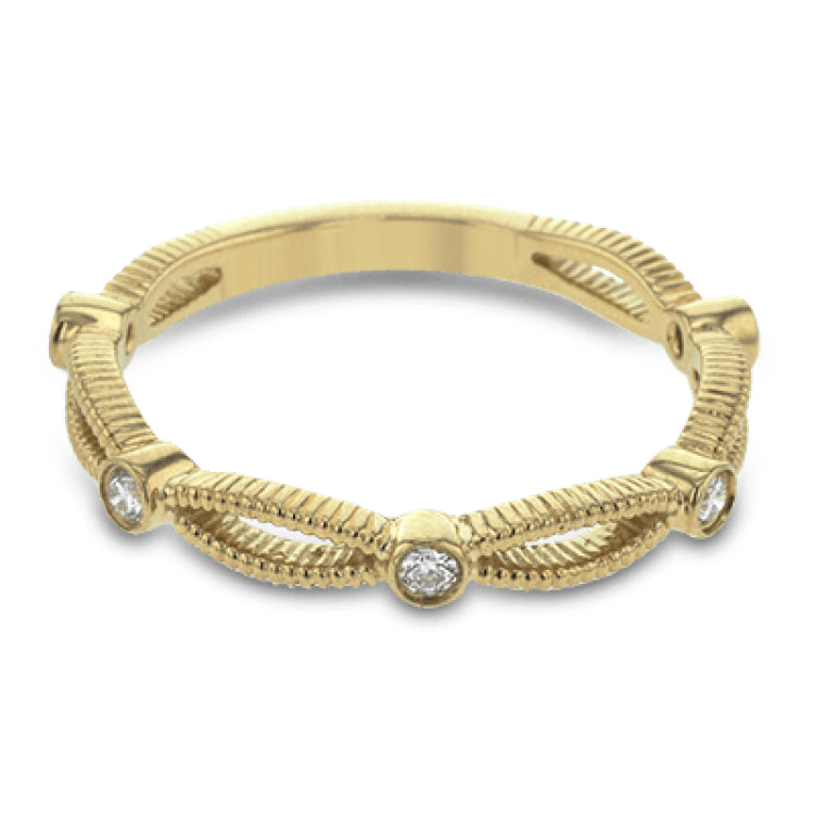 These detailed bands in 18k gold can be worn together or paired with other rings. Each one features .11 ctw of shining white diamonds. Perfect for stacking.
