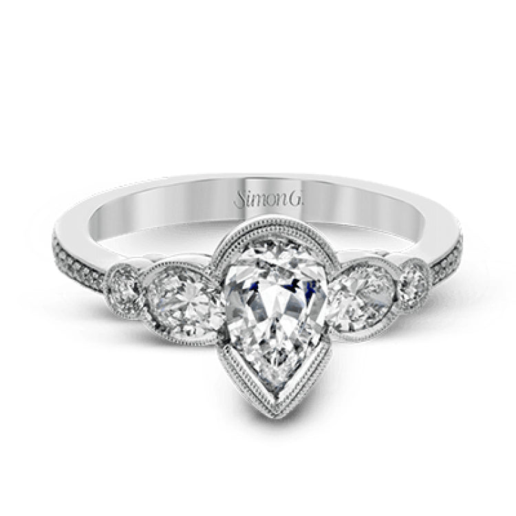 This lovely contemporary design features white gold and .14 ctw of round white diamonds and .42 ctw of oval shaped white diamonds as well as delicate milgrain edging around its centerpiece.