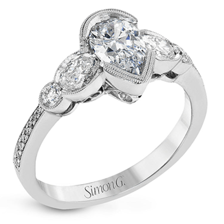 This lovely contemporary design features white gold and .14 ctw of round white diamonds and .42 ctw of oval shaped white diamonds as well as delicate milgrain edging around its centerpiece.