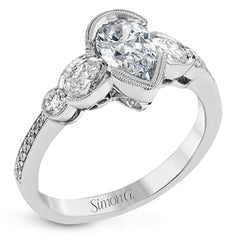 This lovely contemporary design features white gold and .14 ctw of round white diamonds and .42 ctw of oval shaped white diamonds as well as delicate milgrain edging around its centerpiece.