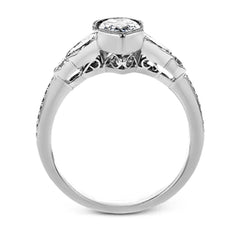 This lovely contemporary design features white gold and .14 ctw of round white diamonds and .42 ctw of oval shaped white diamonds as well as delicate milgrain edging around its centerpiece.