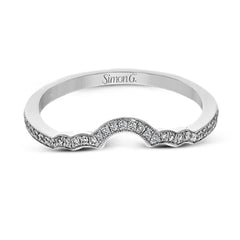 This lovely contemporary design features white gold and .14 ctw of round white diamonds and .42 ctw of oval shaped white diamonds as well as delicate milgrain edging around its centerpiece.