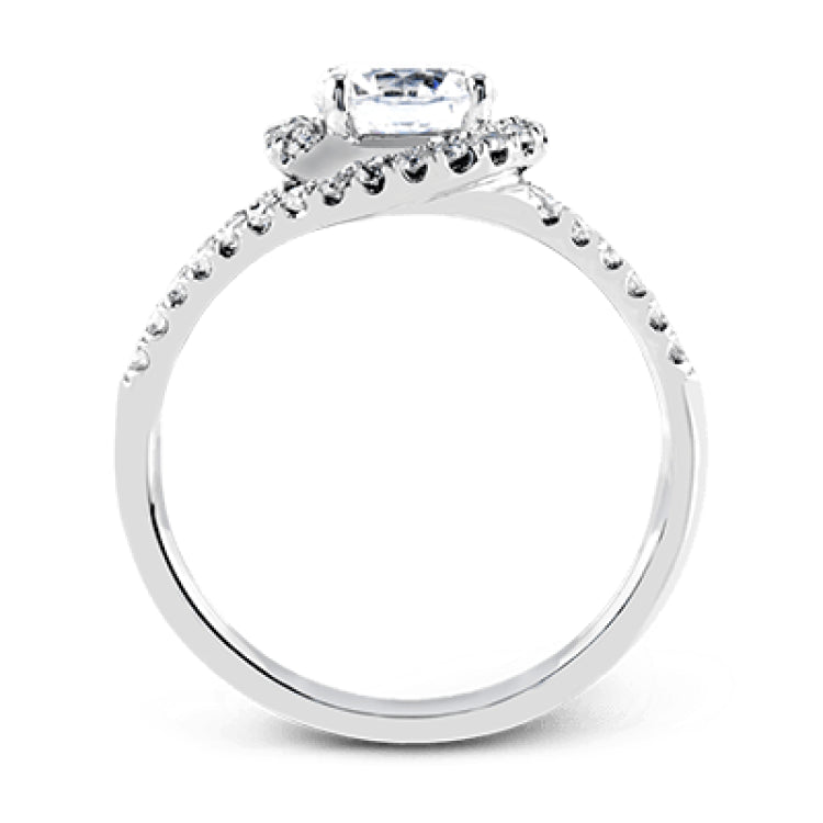 Crafted in the highest quality platinum, this engagement ring design features a two overlapping loops encircling the center stone set with .25 ctw of white diamonds.