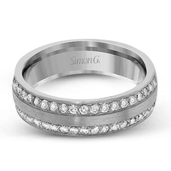 This two-tone 14k wedding band is a stunner with two rows of .50 ctw of white diamond set in rose gold along the outside, and 14k white gold on the interior.
