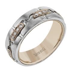 .35 ctw of white diamonds highlight the unique, eye-catching puzzle piece design of this white and rose gold wedding band