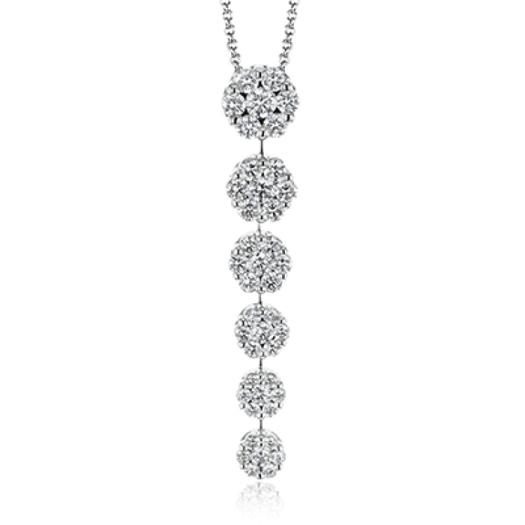 This simple, elegant white gold pendant sparkles with a total of 1.59 ctw of round white diamonds in descending clusters