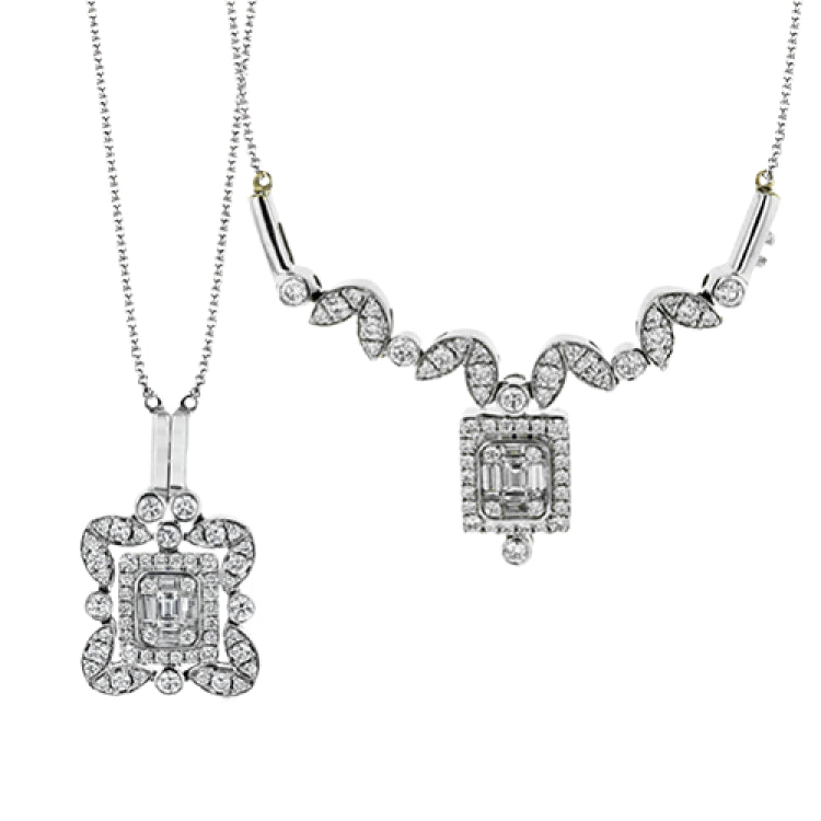 This white gold necklace's innovative folding design lets you decide how best to show off .49 ctw of round white diamonds and .15 ctw of baguette shaped diamonds