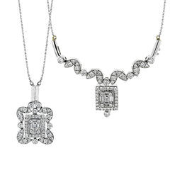 This white gold necklace's innovative folding design lets you decide how best to show off .49 ctw of round white diamonds and .15 ctw of baguette shaped diamonds