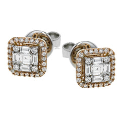 These two-tone 18k gold stud earrings feature a diamond mosaic in the center, surrounded by a halo of smaller diamonds set into rose gold. They contain .15 ctw round diamonds, .14 ctw princess cut diamonds, and .12 ctw baguette diamonds.