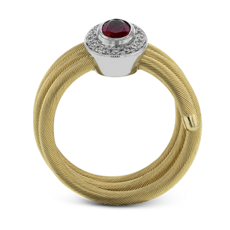 This unique right hand ring of gold coils wraps your finger in luxury and features an oval Ruby 0.57 ctw. surrounded by a halo of wite diamonds 0.14 ctw.