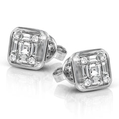 This square 18k white gold earrings are actually made up of 9 smaller diamonds, including .09 ctw round diamonds, .19 ctw princess cut diamonds, and .25 ctw baguette diamonds.