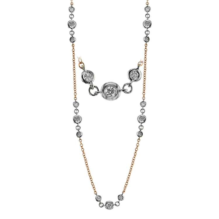 Contemporary and stylish, this necklace design contains 1.02 ctw of white diamonds in various sizes set with 18k white and rose gold.