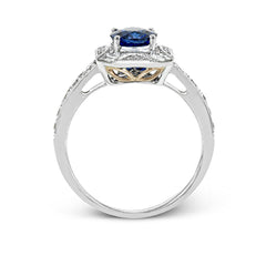 This lovely vintage-inspired setting features a geometric halo design containing .30 ctw of round diamonds, .18 ctw of baguette diamonds, and a center .96 ct sapphire.