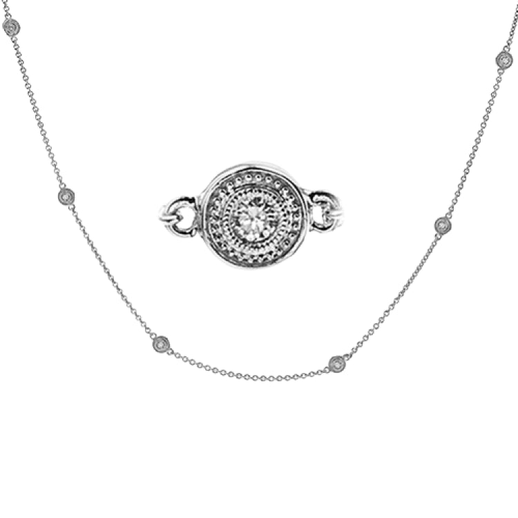 With .18 ctw of shining white diamonds bezel-set throughout the design, this contemporary 18k two-tone gold necklace is sure to become and everyday favorite.