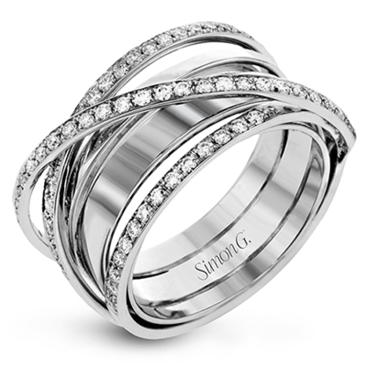This modern, dynamic ring features an overlapping design of shiny high polished 18k white gold and rows of sparking white diamonds. The ring contains .50 ctw of round diamonds.