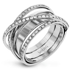 This modern, dynamic ring features an overlapping design of shiny high polished 18k white gold and rows of sparking white diamonds. The ring contains .50 ctw of round diamonds.