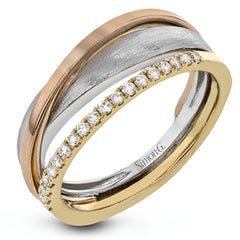 .16 ctw of round white diamonds accentuate overlapping rings of three-tone gold to infuse this strikingly modern band with a touch of sparkle