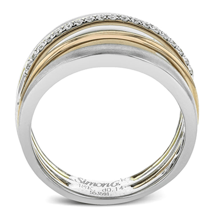 .16 ctw of round white diamonds accentuate overlapping rings of three-tone gold to infuse this strikingly modern band with a touch of sparkle