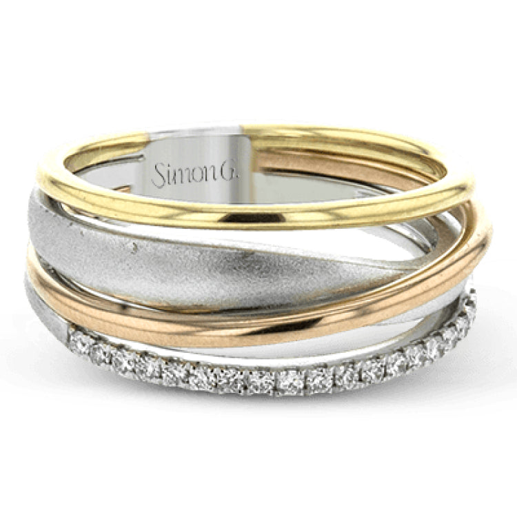 Interlocking rings of three-tone gold are accentuated with .15 ctw of round white diamonds to make this strikingly modern band truly special