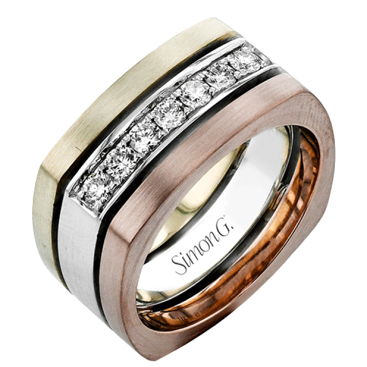 This statement men's band features a two-tone 14k gold design with yellow gold along the outside and white gold on the inside set with a line of .41 ctw white diamonds.