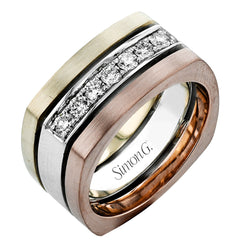 This statement men's band features a two-tone 14k gold design with yellow gold along the outside and white gold on the inside set with a line of .41 ctw white diamonds.