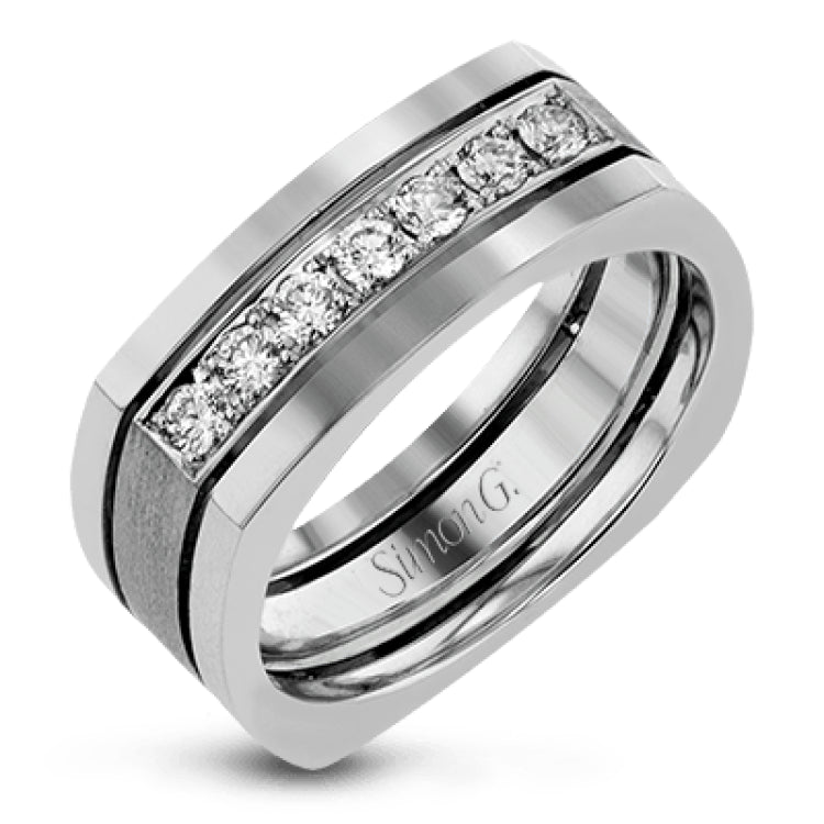 This statement men's band features a two-tone 14k gold design with yellow gold along the outside and white gold on the inside set with a line of .41 ctw white diamonds.