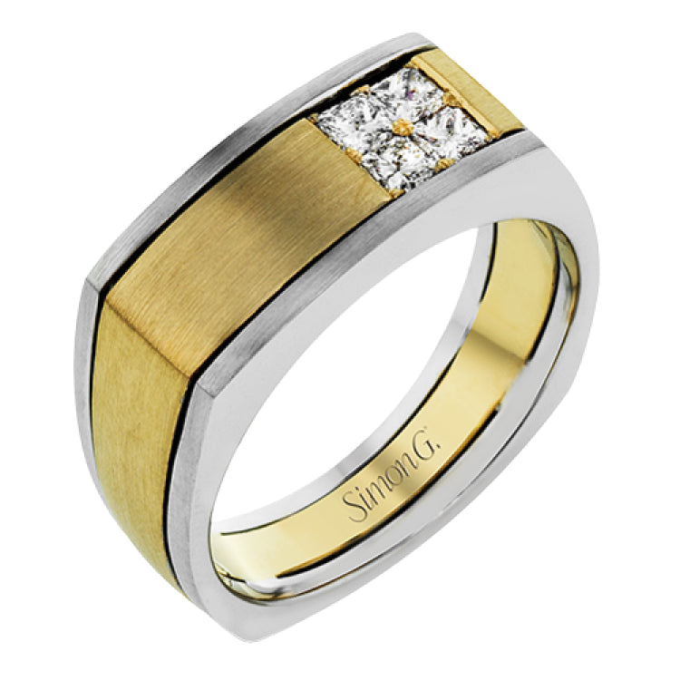 This fashionable two-tone 14k gold men's band features a bold square of .47 ctw of white princess cut diamonds.