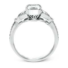 This lovely contemporary design features white gold and .16 ctw of round white diamonds and .39 ctw of oval shaped white diamonds as well as delicate milgrain edging around its centerpiece.