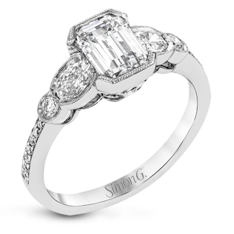 This lovely contemporary design features white gold and .16 ctw of round white diamonds and .39 ctw of oval shaped white diamonds as well as delicate milgrain edging around its centerpiece.